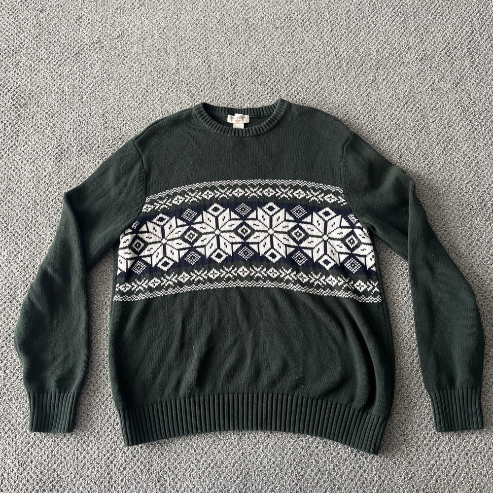 Men's Cotton vintage Christmas Fair Isle Green Crewneck Sweater. Dockers Grandpa